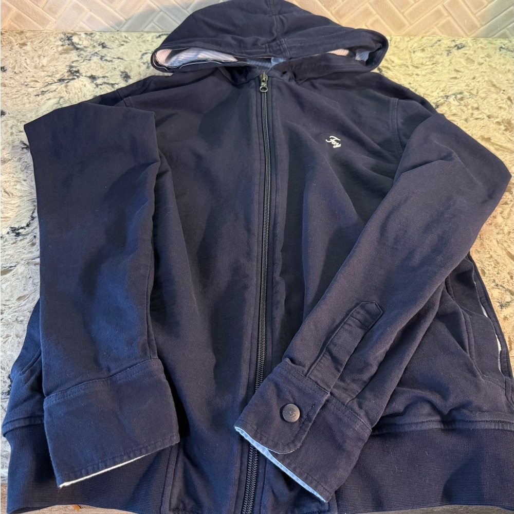 Fay Navy Hoodie with Striped Light Blue Accents in Hood and Sleeves/Pockets